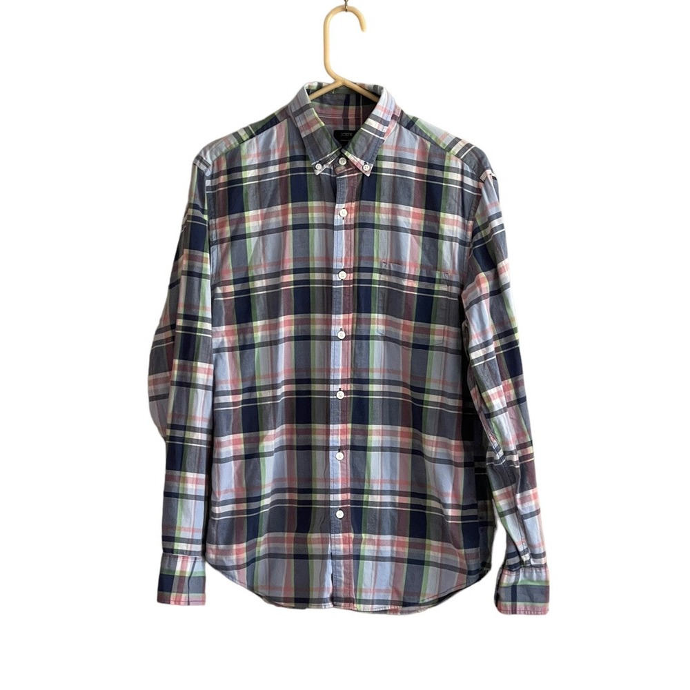 J Crew Shirt Men Medium Blue Pink Button Up Summer Plaid Long Sleeve Preppy